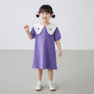 MooDeng Baby ชุดกระโปรงสุดน่ารัก เดรส เด็กผู้หญิงแขนสั้น เนื้อผ้าดี สีสวยๆ ผ้าระบายอากาศได้เป็นอย่างดี คอปกหัวใจ