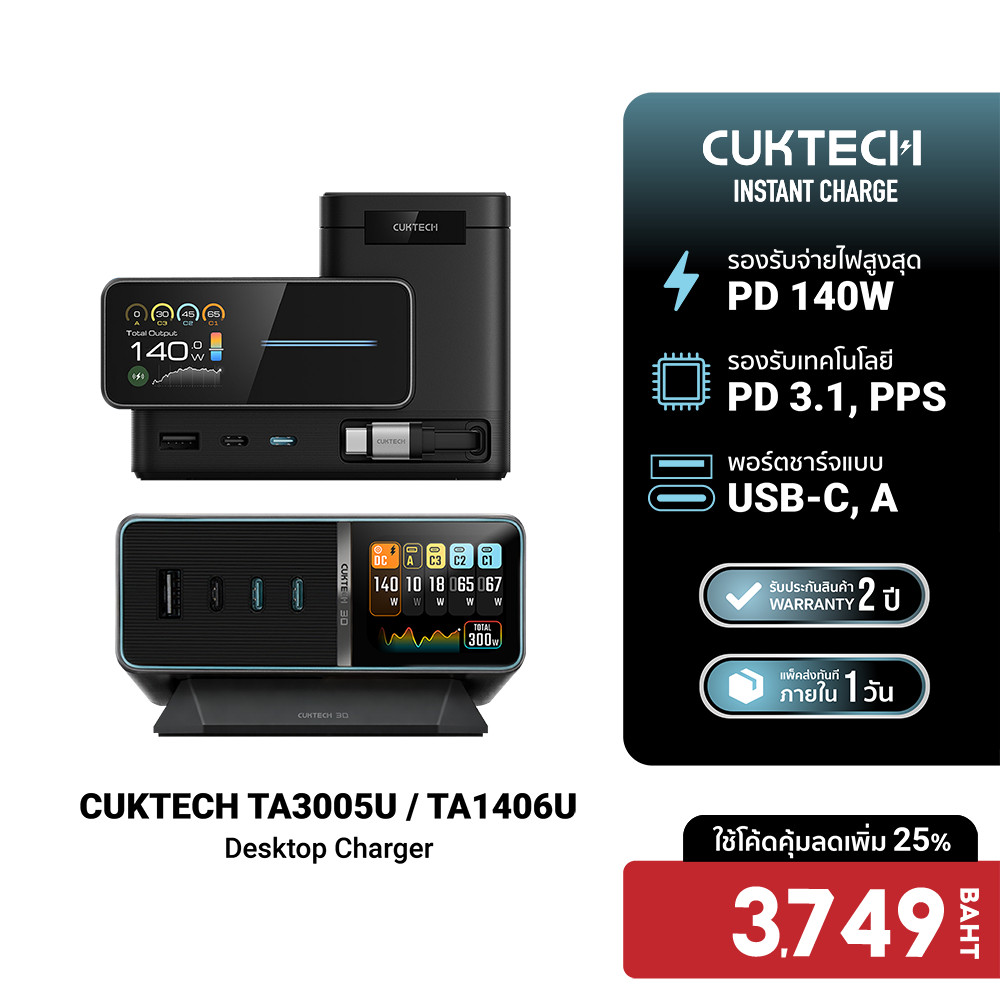 [ลดเหลือ 3749] CUKTECH TA3005U / TA1406U แท่นชาร์จ Desktop Charger DC Port 300W Max / 140W Max รองรับ PD3.1 , PPS -2Y