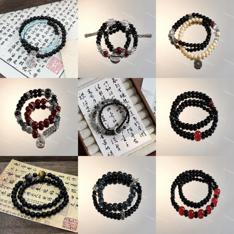 สร้อยข้อมือคู่วงกลมสไตล์จีน จากไม้จันทน์และลูกปัดไม้ งานฝีมือประณีต แฟชั่นหรู