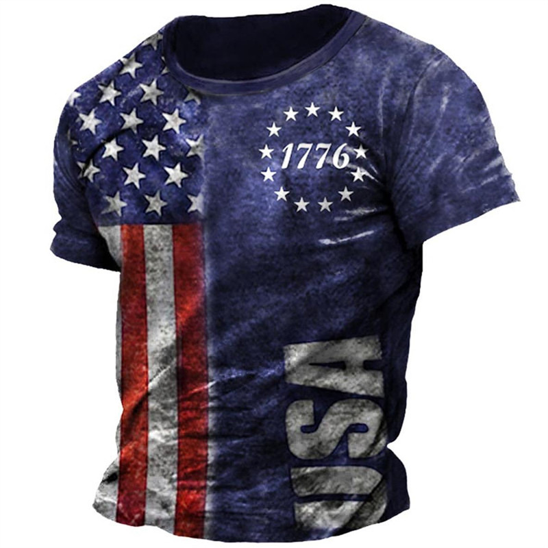Flag Streetสไตล์ผู้ชาย3Dพิมพ์เสื้อยืดTee VintageวันประกาศอิสรภาพTเสื้อลูกเรือคอเสื้อแขนสั้นTees