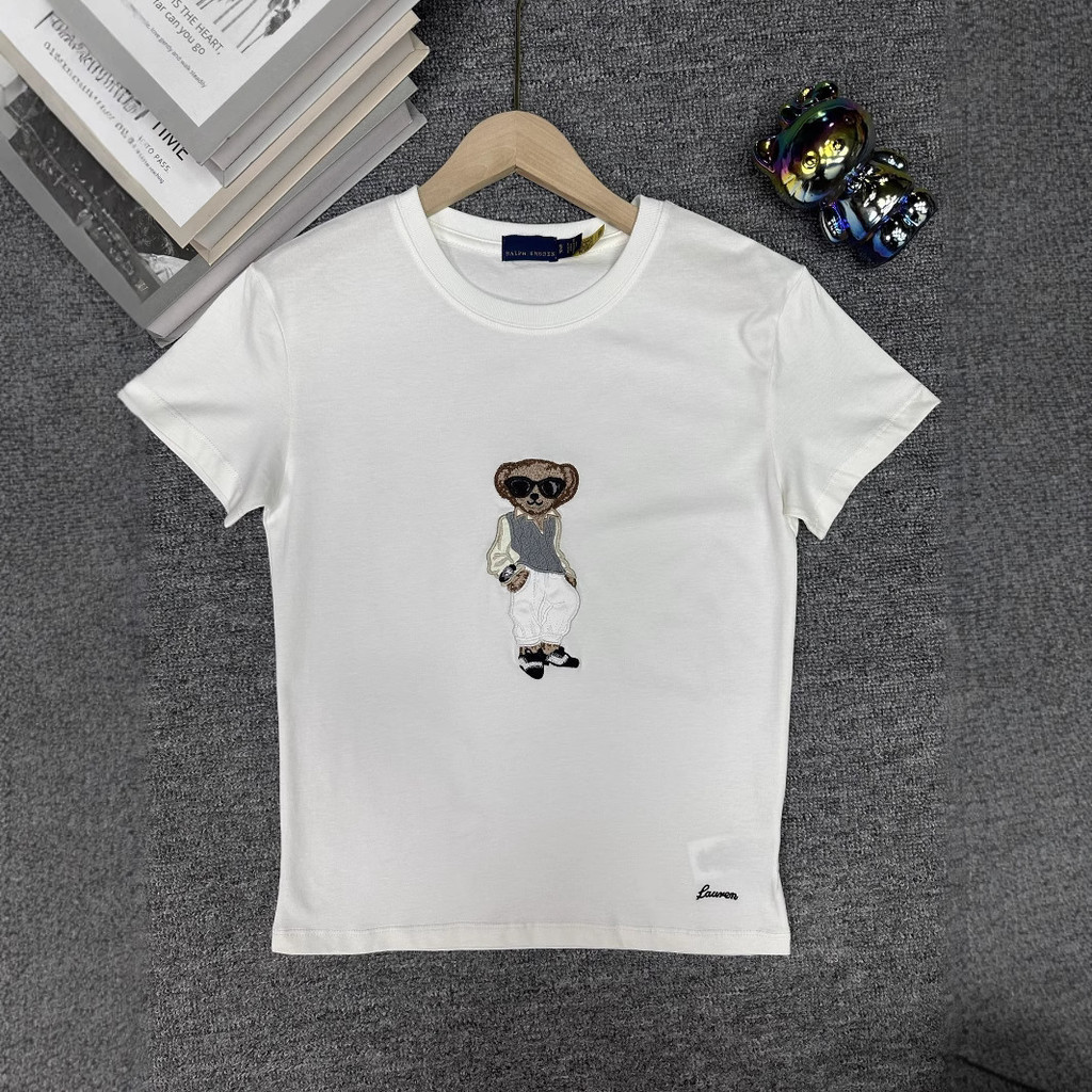 T9Y6 R1VV 25New style simple solid color bear embroidery round neck short sleeve T Shirt Top