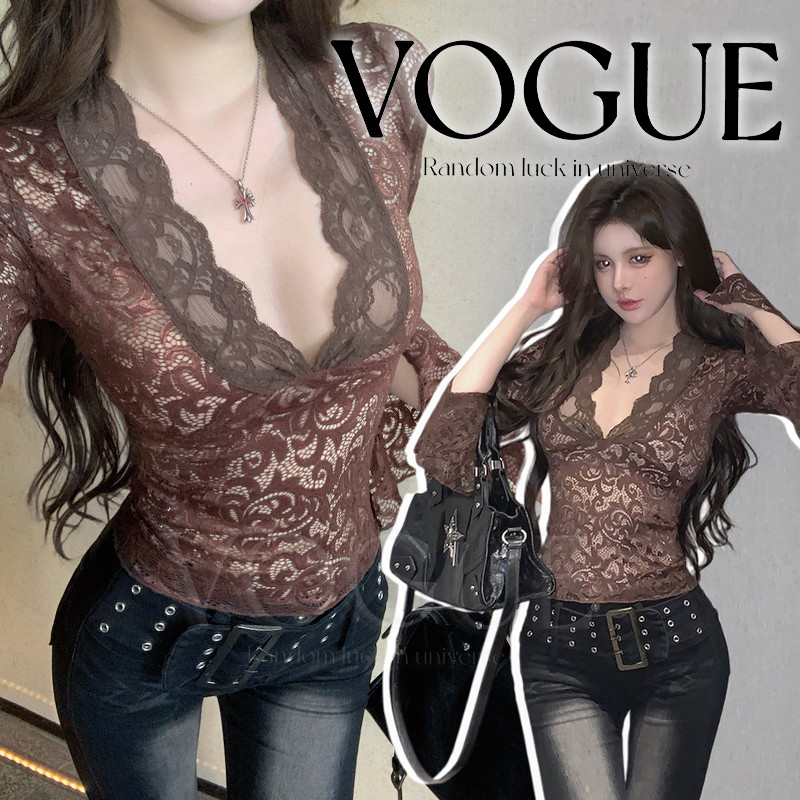 Vogue🌟พร้อมส่ง🌟 เสื้อคอวีแขนยาว ดีเทลลูกไม้ทั้งตัว สีน้ำตาลทรงรัดรูป (FY1175#1)