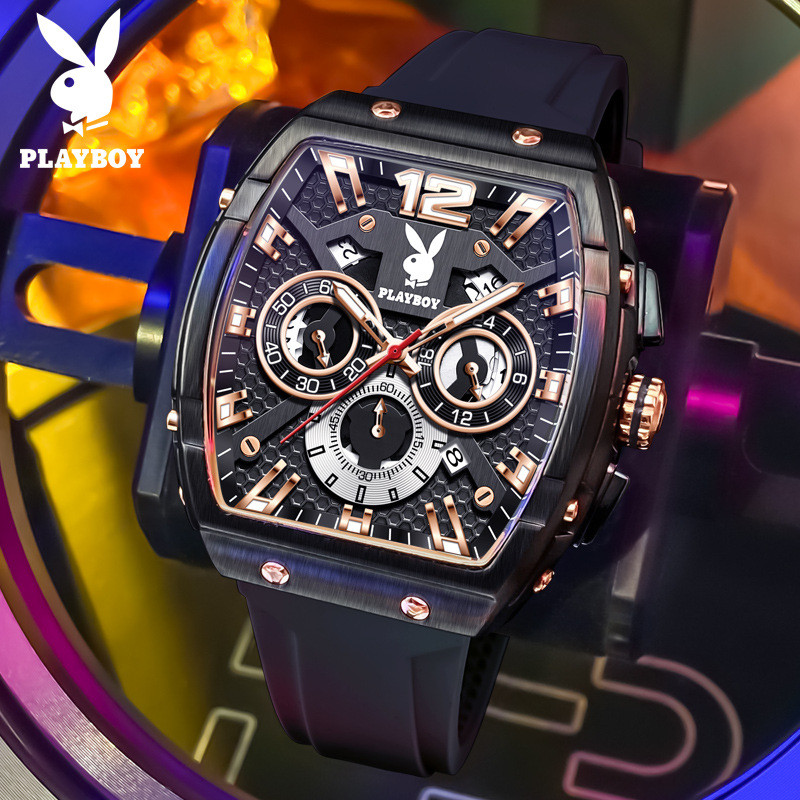 Playboy 3075 นาฬิกาแบรนด์ Barrel-Shaped Multifunctional Punk Style Quartz นาฬิกาผู้ชาย