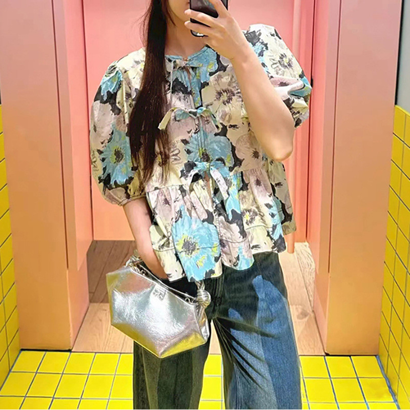 E2ZI Sandro 2025Early Autumn Fashion Colorful Mugsell Flower Round Neck Tie Lantern Sleeve Loose Wom