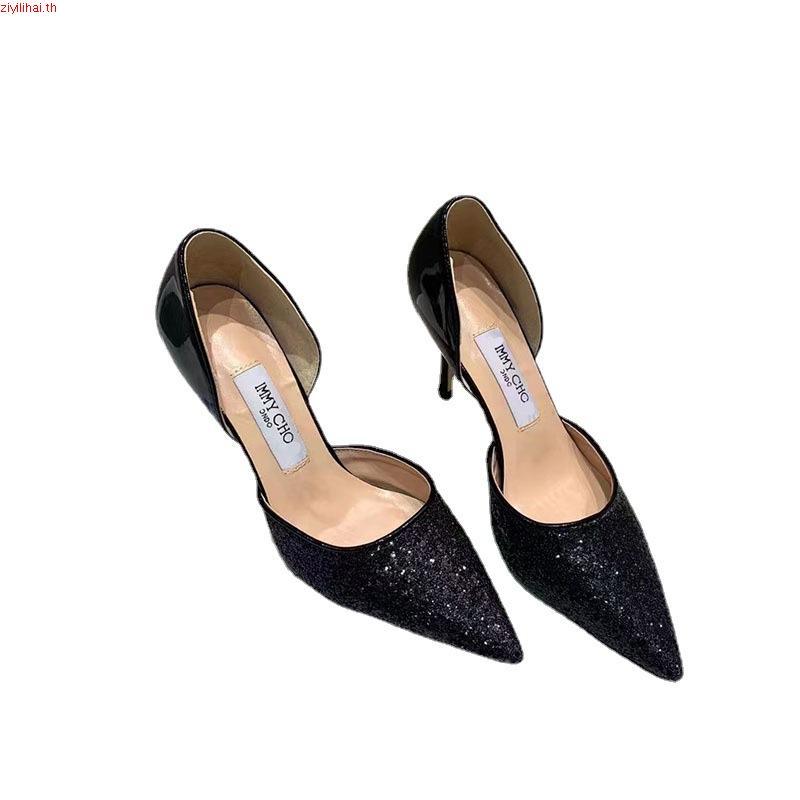 Jimmy CHOO Sequined Hollow Casual Pointed Toe รองเท้าผู้หญิง Stiletto รองเท้าส้นสูง 7 ซม.