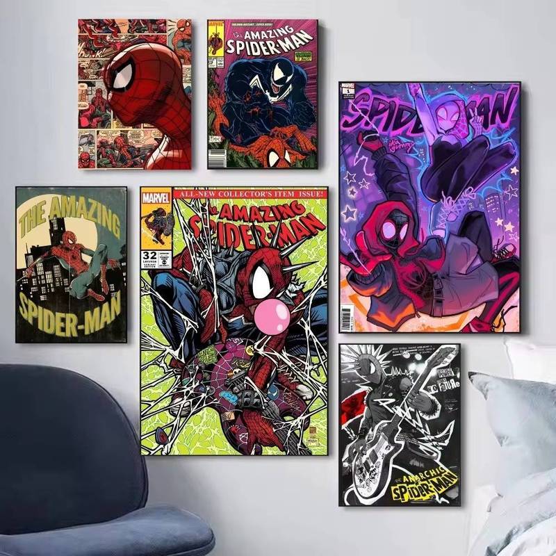 Cool Spider Man โปสเตอร์ศิลปะผนังภาพจิตรกรรมฝาผนังตกแต่งเกมตกแต่งห้องของขวัญ Kawaii HD ภาพวาดแมวรถยนต์