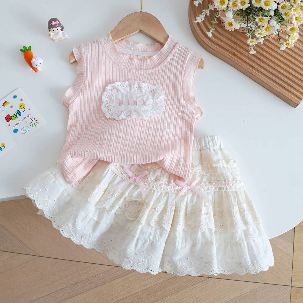 Girls Pink Vest t+Lace Skirt Suit