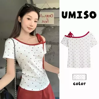 พร้อมส่งในไทย เสื้อยืดแฟชั่นผู้หญิง ไหล่เฉียง แขนสั้น เปิดไหล่ข้างเดียว ลายหัวใจ น่ารัก UMISO