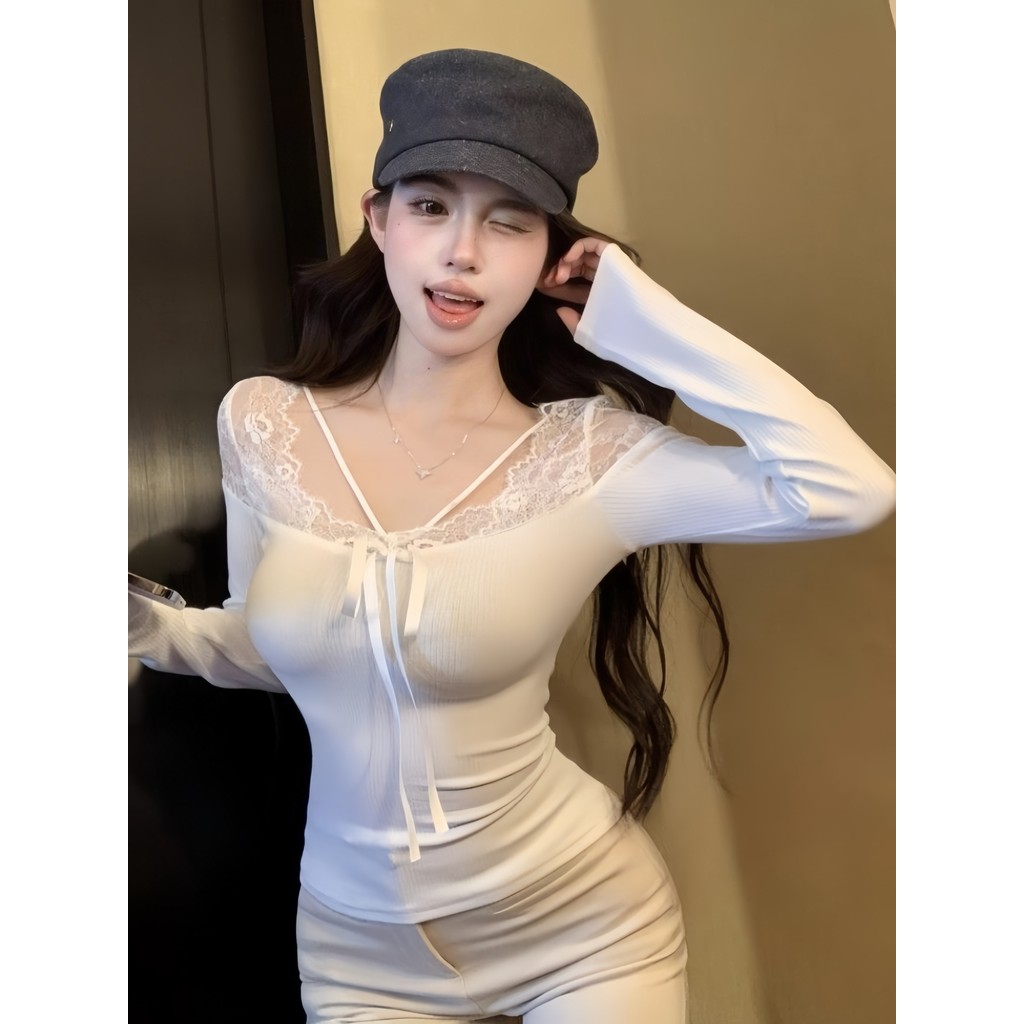 SultrySia เสื้อแขนยาวผู้หญิง สไตล์เกาหลี เข้ารูป ลูกไม้ ผ้านุ่ม ผ้าซีทรูบางเบา แฟชั่นมาก FY8727-0 - รูปที่ 7