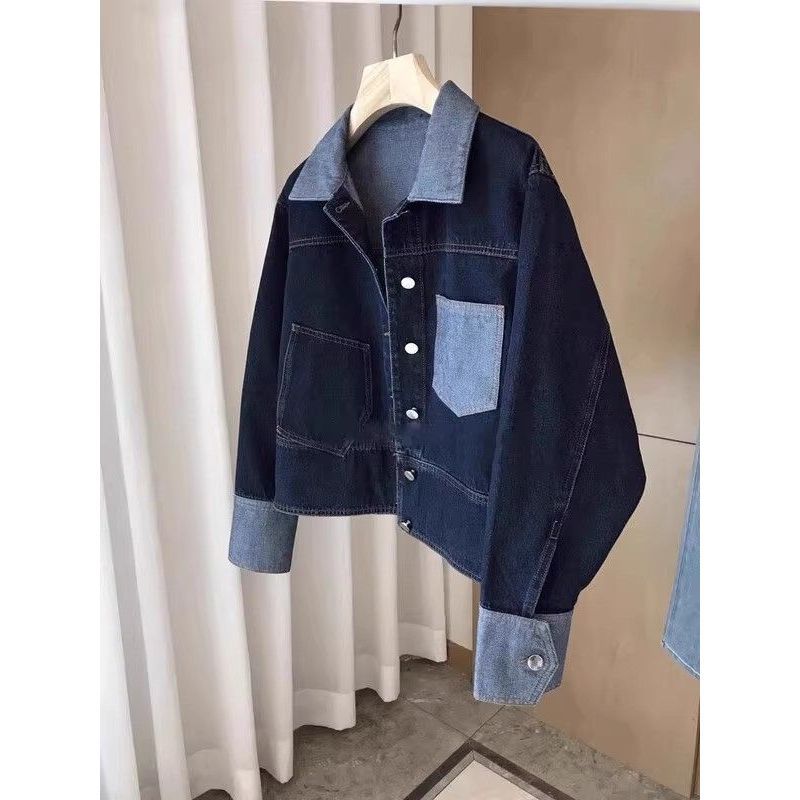 Niche Unique Washed Contrast Color Lapel Denim Jacket ผู้หญิง