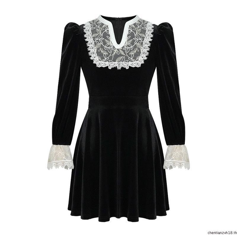 จ่า หลีกเลี่ยง เดรสผู้หญิง เดรสคอวี เดรสทรงเอ เดรสกํามะหยี่ เดรสทํางาน ชุดเดรสรู้สึก ชุดเดรสวินเทจ ช