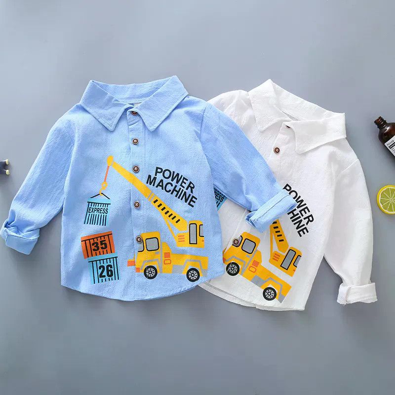 เสื้อเชิ้ตแขนยาวเด็กชาย ฤดูใบไม้ผลิดึงดูดสายตาด้วยลายพิมพ์รถขุดแบบอนิเมะ ทำจากผ้าฝ้ายแท้ให้ความสะดวกสบาย