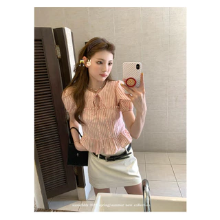เสื้อเชิ้ตแขนสั้นสไตล์เกาหลี สีทึบสำหรับผู้หญิง
