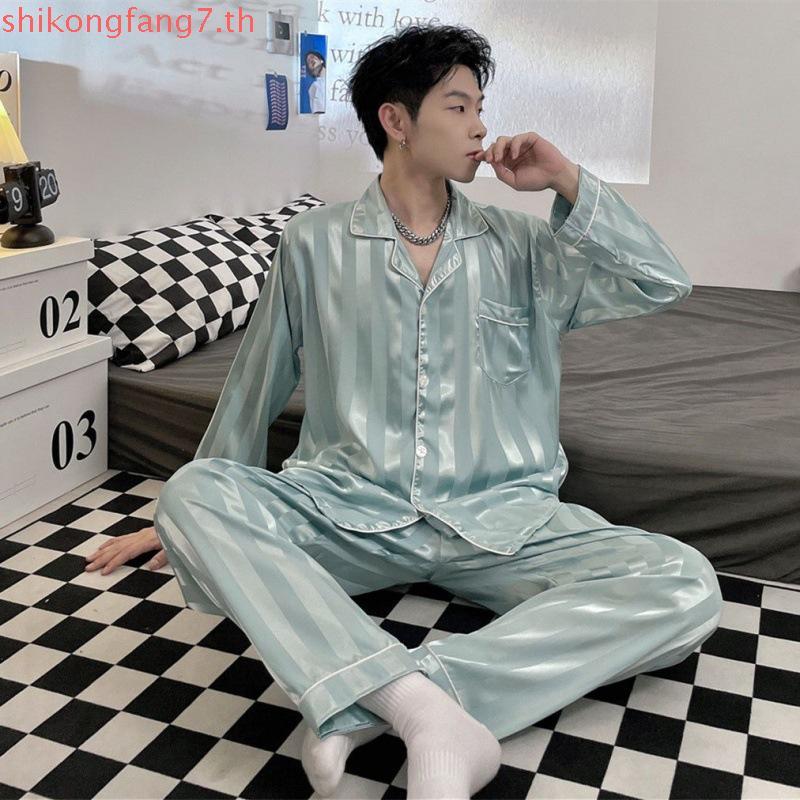 ชุดนอนผู้ชาย ชุดนอนชาย กางเกงนอนผู้ชาย Animal Pattern Silk Long Sleeve Pajama Terno Men Cardigan Sat