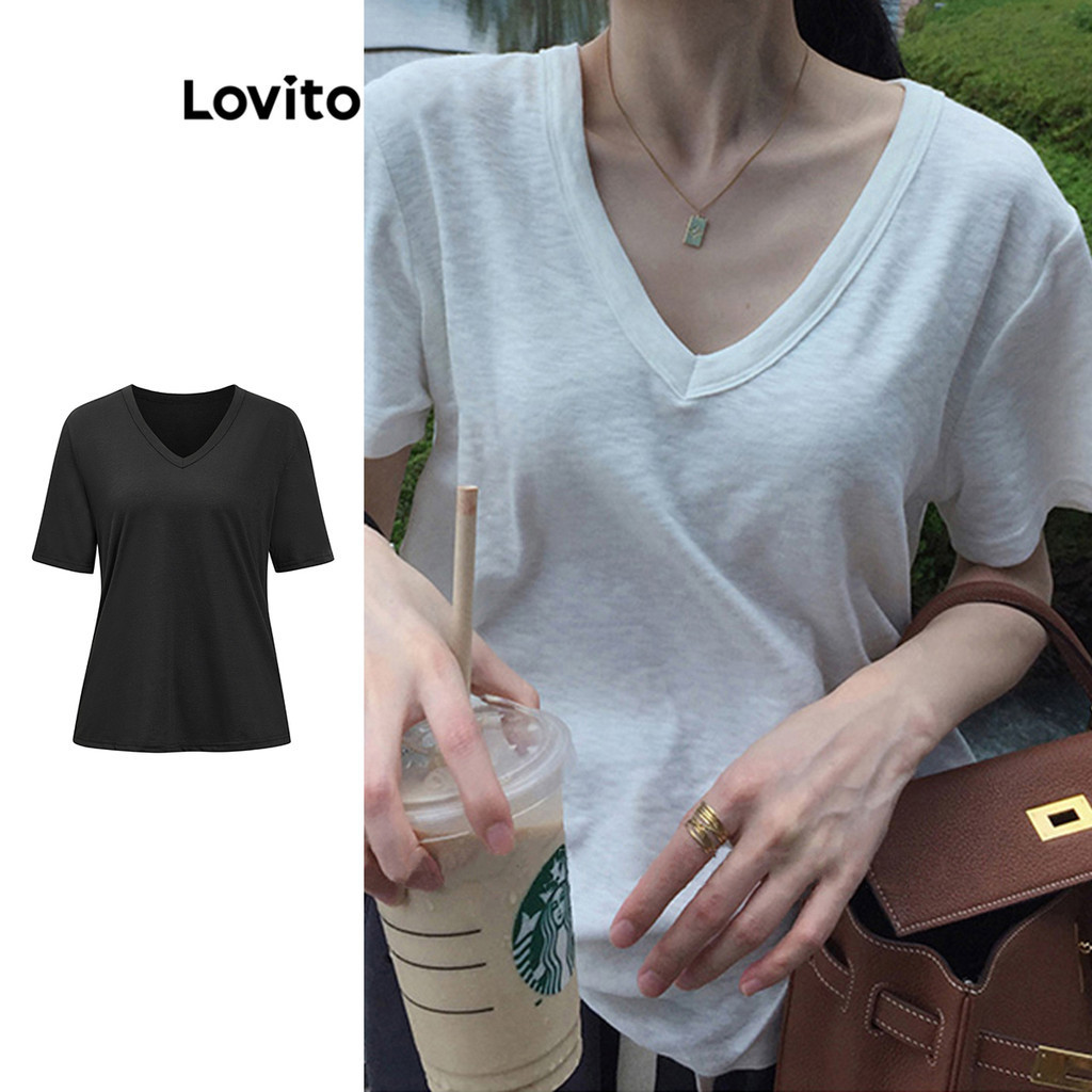 Lovito เสื้อยืดลำลอง แขนสั้น คอวี สีพื้น สำหรับผู้หญิง L53AD077 (หลากสี)