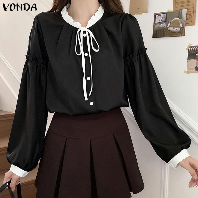 VONDA เสื้อแขนยาวสไตล์เกาหลี ลายบล็อกสีดำและลูกไม้ เปิดหน้าแบบเอช เชิญชวนให้คุณสวมใส่ในสไตล์สบายๆ — صورة 4