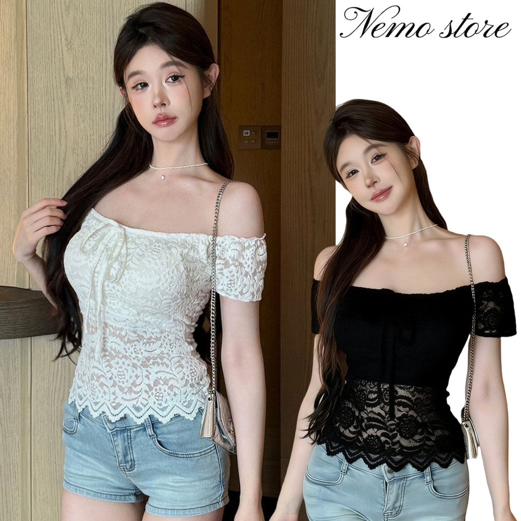 Nemo store🌸#FY1922 เสื้อเปิดไหล่ แขนสั้น เสริมฟองน้ำ มีสองสี ใส่ง่าย