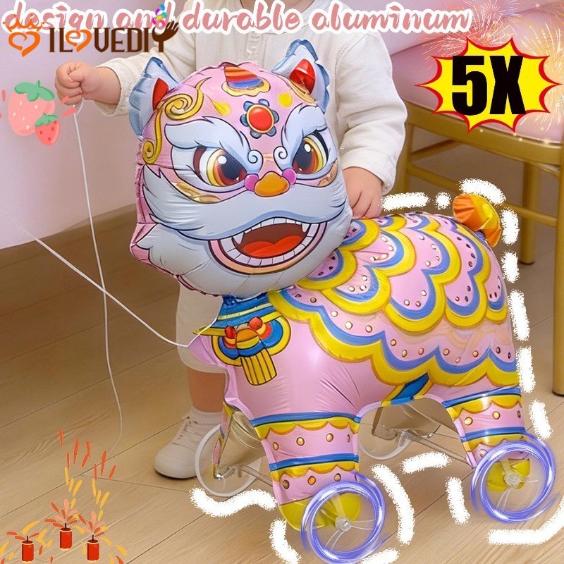 [HGB]บอลลูนเดิน Lion Dance 5 ชิ้นสําหรับงานปาร์ตี้ปีใหม่จันทรคติ | ธีม 2026 มีล้อ | เด็กของขวัญตกแต่งวันเกิด | ลูกโป่งฟอยล์สีชมพูแดง