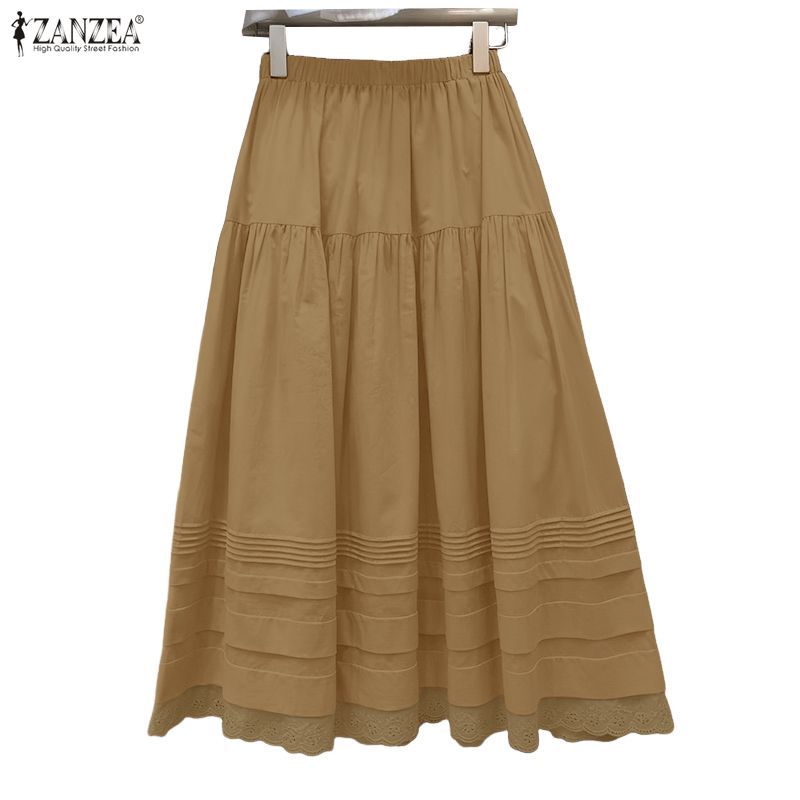 ZANZEA กระโปรงสันทนาการสำหรับผู้หญิง ทรงเกาหลี สายยางยืด พร้อมลวดลายปักจีบลูกไม้