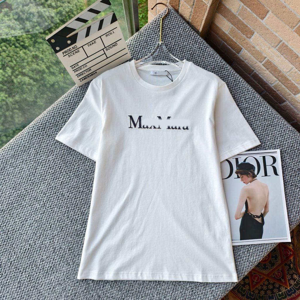 N4BP MaxMar* New Letter Embroidery Beaded Simple Casual Round Neck Short Sleeve T Shirt