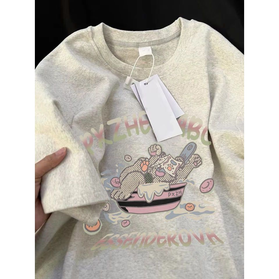 เกาหลี 2026240G Heavy Pure Cotton Niche Design Sense Letter พิมพ์เสื้อยืดแขนสั้นผู้ชายอินเทรนด์ฤดูร้