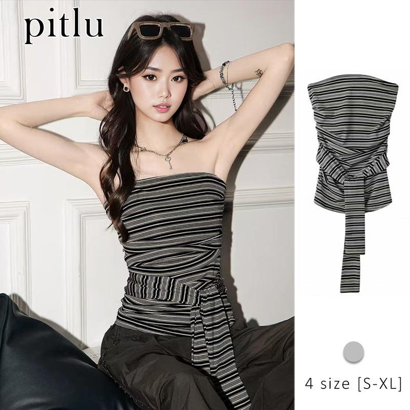 pitlu เสื้อสาวบราสลายขน สีขาวดำ ขนาดS-XL สายผูกเอว ใส่สวย ผ้านุ่ม แฟชั่น
