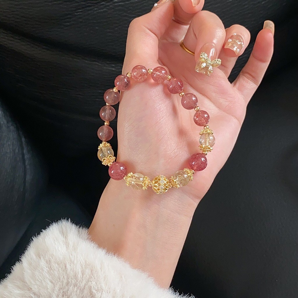 xinpin Cool Feeling Strawberry Crystal Bracelet for Women, Lucky Fortune Beads, Prosperous Peach Blo
