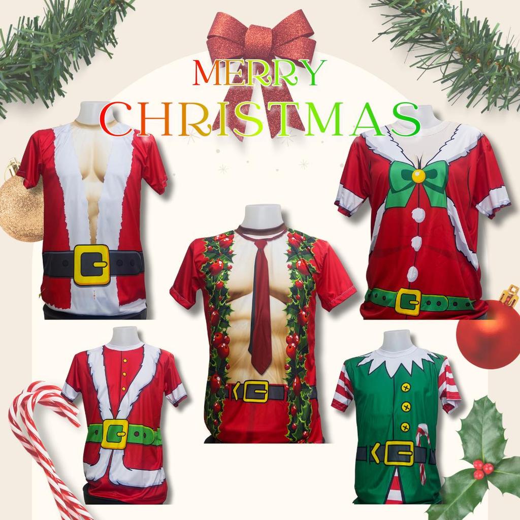 TMS เสื้อยืดคอสเพลย์ ซานต้า/แซนดี้/เอลฟ์ สินค้าพร้อมส่งผ้าไม่โครใส่สบายมาก ระบายอากาศดี UNISEX
