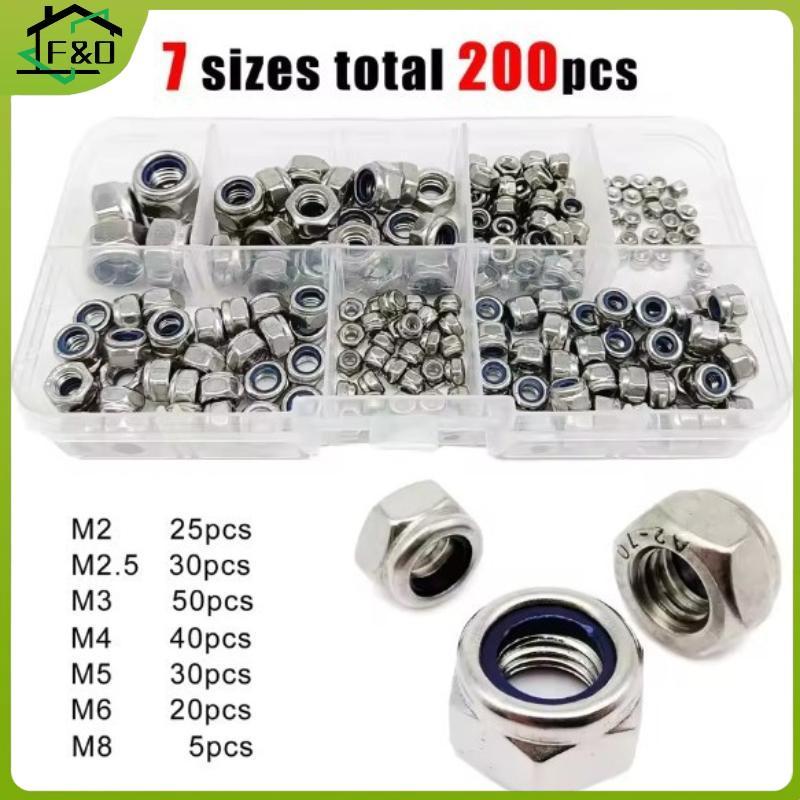 F&O 200 ชิ้น Hex Nylon ใส่ Self Lo Nut Nylo Lonut Assortment Kit ชุด M2 M2.5 M3 M4 M5 M6 M8 304 A2-7