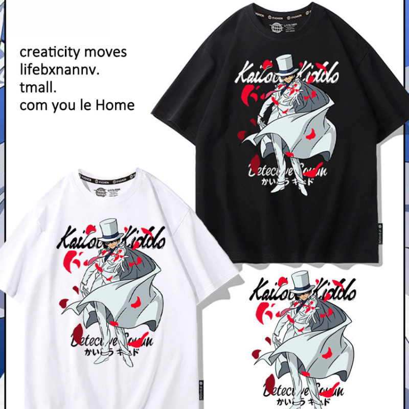 Detective Conan เสื้อยืดแขนสั้นสีดําอะนิเมะญี่ปุ่น Kaito Kidd Shinichi Kudo All-Match หลวม T @-