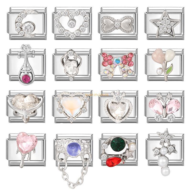 Zircon Bow Flower Italian Charm Link Bracelet 9 มม. สร้อยข้อมือสแตนเลสสำหรับผู้หญิงและผู้ชาย เหมาะสำหรับเป็นของขวัญ