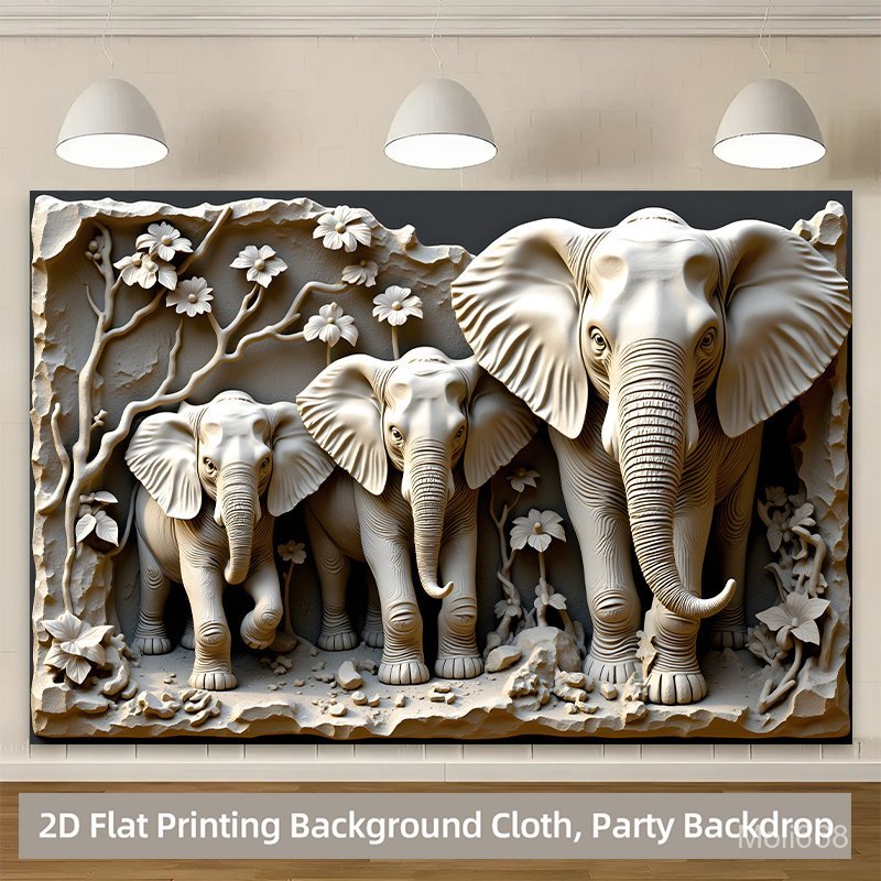 2D Flat, 2D Flat Printing Backdrop Banner 1pc, Three Detailed Elephant Sculpture Background Cloth Pa