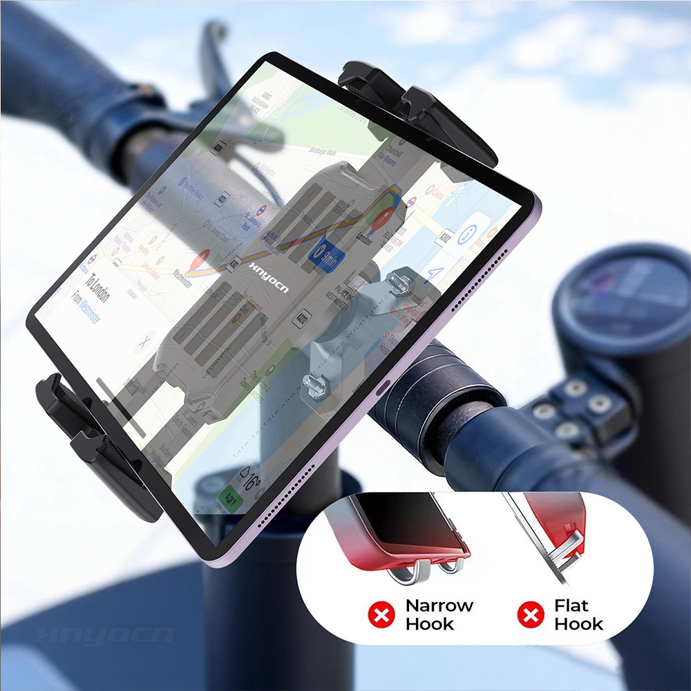Universal แท็บเล็ตโทรศัพท์ Mount Holder Cradle Bracket สําหรับจักรยานรถจักรยานยนต์ลู่วิ่ง Handlebar ใช้งานร่วมกับ 4 ถึง 14 นิ้วอุปกรณ์มือถือออกกําลังกายขี่ความบันเทิง