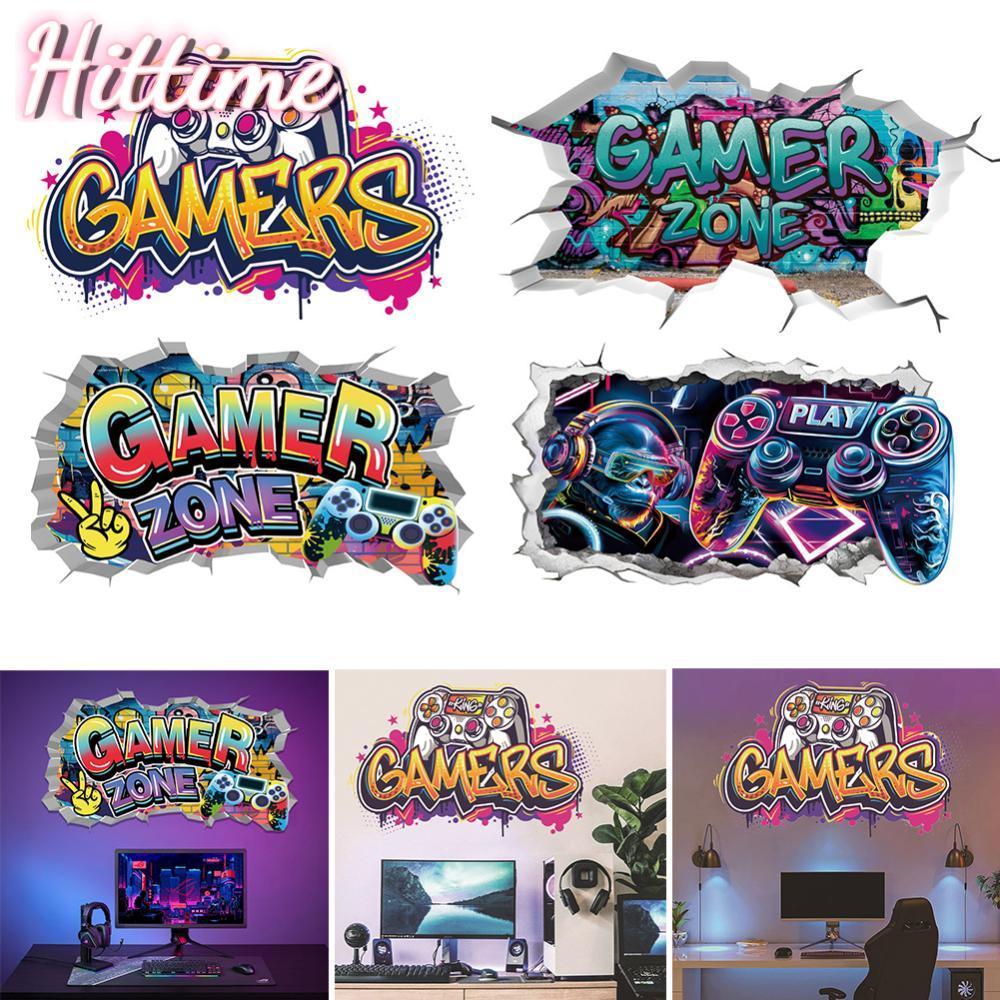 HITTIME Larger 3D Broken Wall Hole เกมโปสเตอร์ Gamer Gamepad ไวนิลภาพจิตรกรรมฝาผนังสติกเกอร์ห้องนอนเ