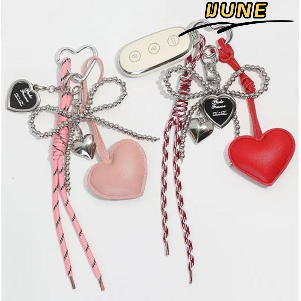 IJUNE ตัวคล้องใจ Love Heart, พวงกุญแจทำมือแบบครีเอทีฟ bow knot, อุปกรณ์ประดับกระเป๋าและพวงกุญแจเงางาม