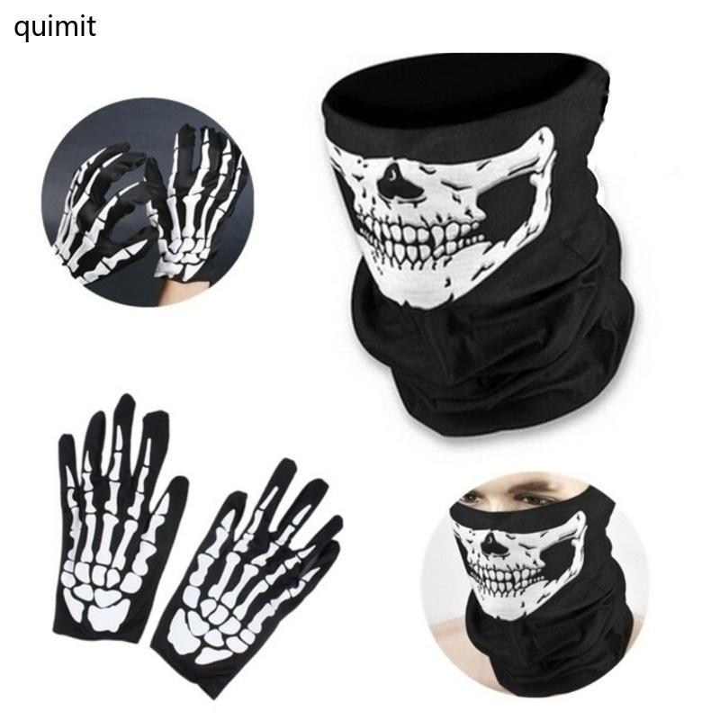 QUIM ฮาโลวีนโครงกระดูกถุงมือและ Skull Face ชุด Ghost Bones Kit อุปกรณ์สําหรับแต่งหน้า Dance Party คอ