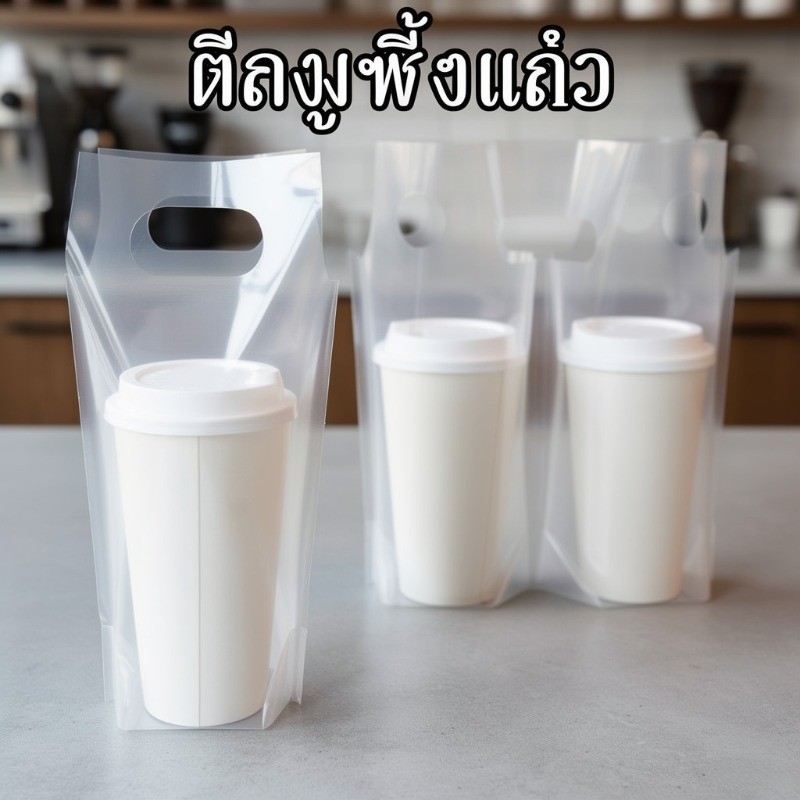 ถุงใส่แก้วน้ำ ถุงหิ้วแก้วเดี่ยว ถุงหิ้วแก้วคู่ พลาสติกเหนียว ทนทาน ร้านเครื่องดื่ม แก้ว16 22ออนซ์