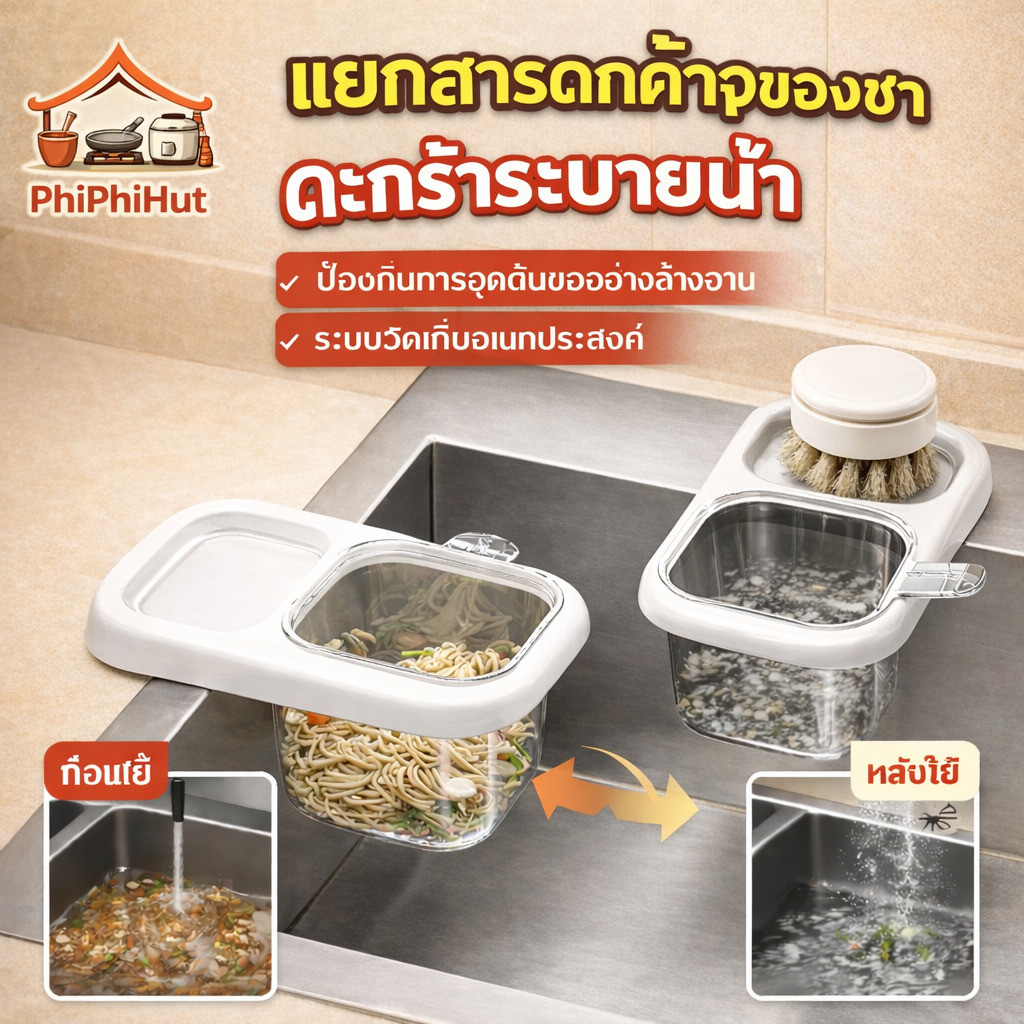 PPH อ่างล้างจานท่อระบายน้ําตะกร้า แยกสารตกค้างของชา ตะกร้าระบายน้ำ การออกแบบตะขอ