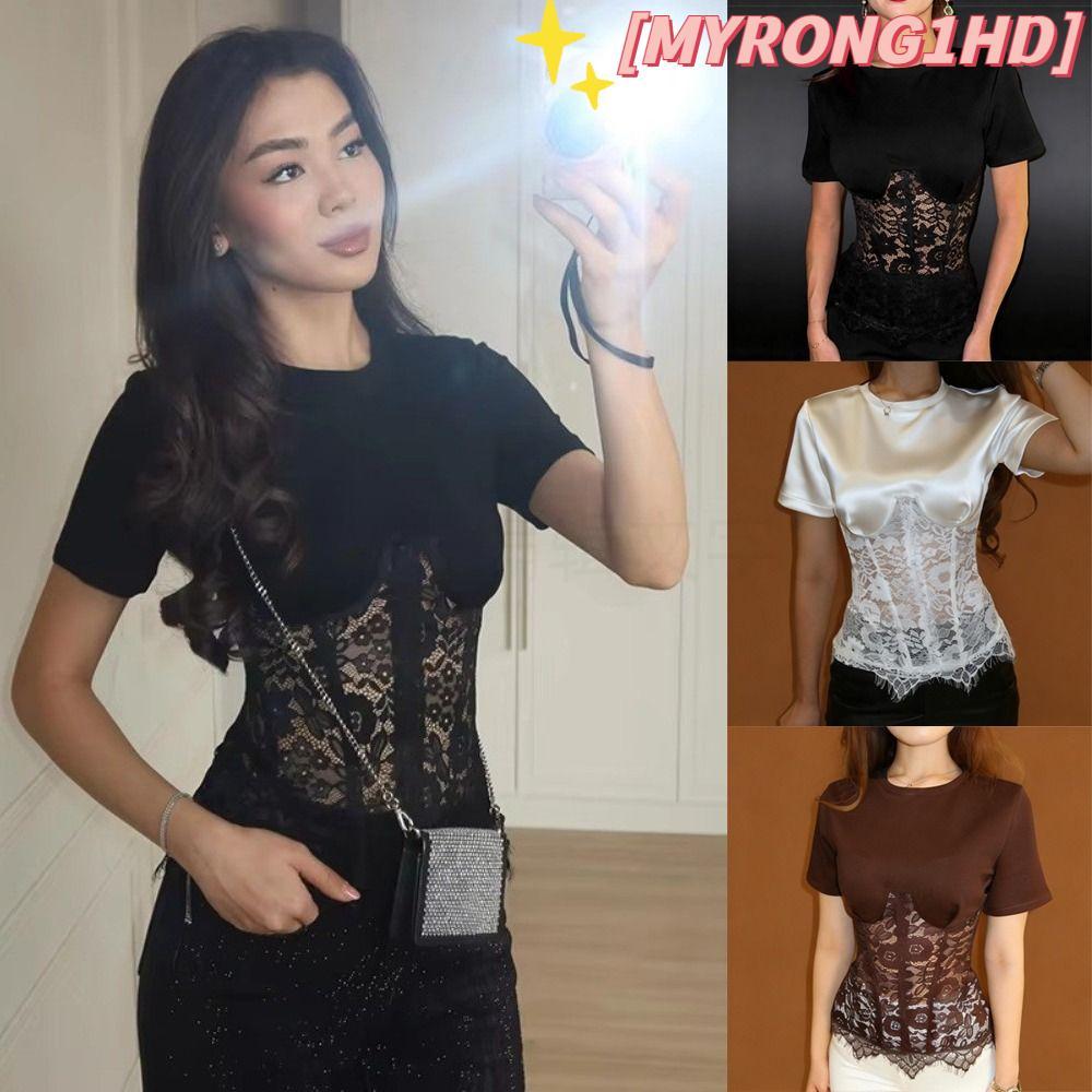 MYRONG1HD ดูผ่านผ้า O-คอสไตล์ลูกไม้ Patchwork Top, แฟชั่นแขนสั้นลูกไม้ออกแบบ Patchwork รูปแบบ O-คอ T