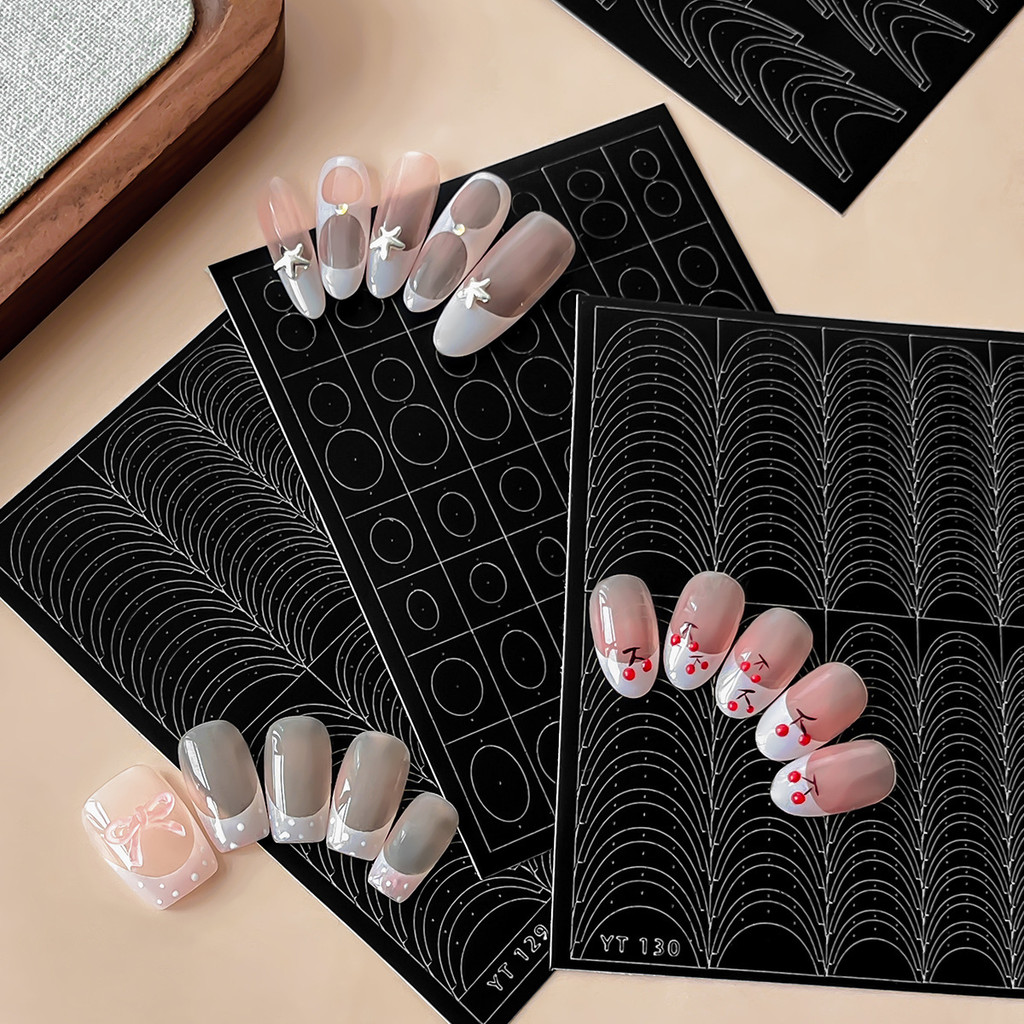 ใหม่ French Black Nails Stickers Simple All-Match ยอดนิยมด้วยกาวสติกเกอร์ตกแต่งเล็บ Inkjet Template