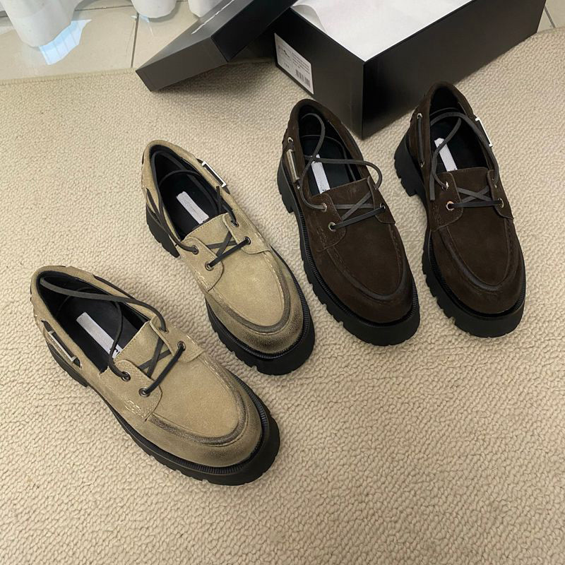 FJ3F French-style vintage genuine leather round-toe platform loafers