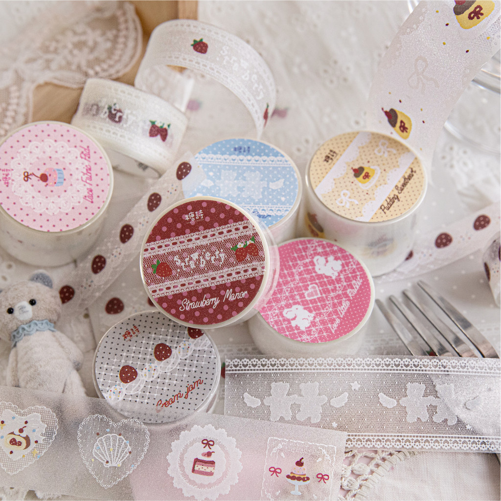QOUZMO Handmade Lace Series Flash Sand PET Tape, Cute Lace Strawberry Pudding Bear Pattern Decor Tape for Journal Gift Wrapping