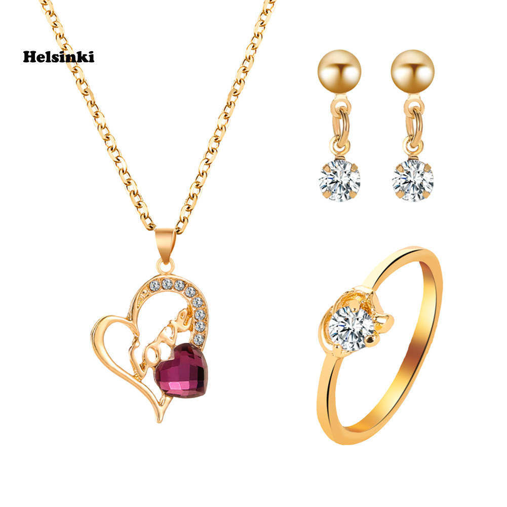 ชุดเครื่องประดับ HLS Love Heart พร้อมจี้สร้อยคอและต่างหูแบบ Rhinestone