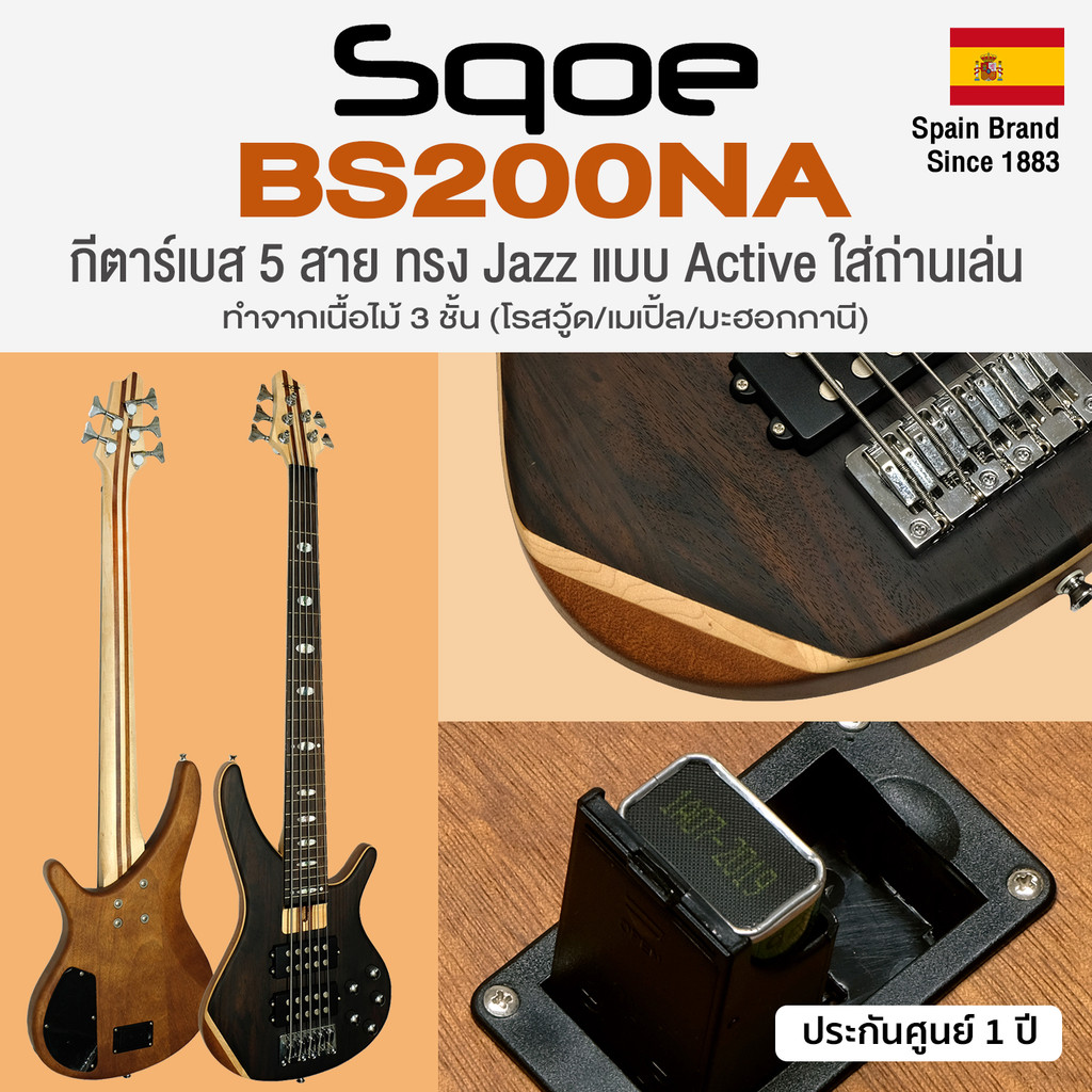 Sqoe BS200NA 5 String Bass Guitar กีตาร์เบส 5 สาย แบบ Active Humbucker Pickup (ใส่ถ่าน) เนื้อไม้ 3 ช