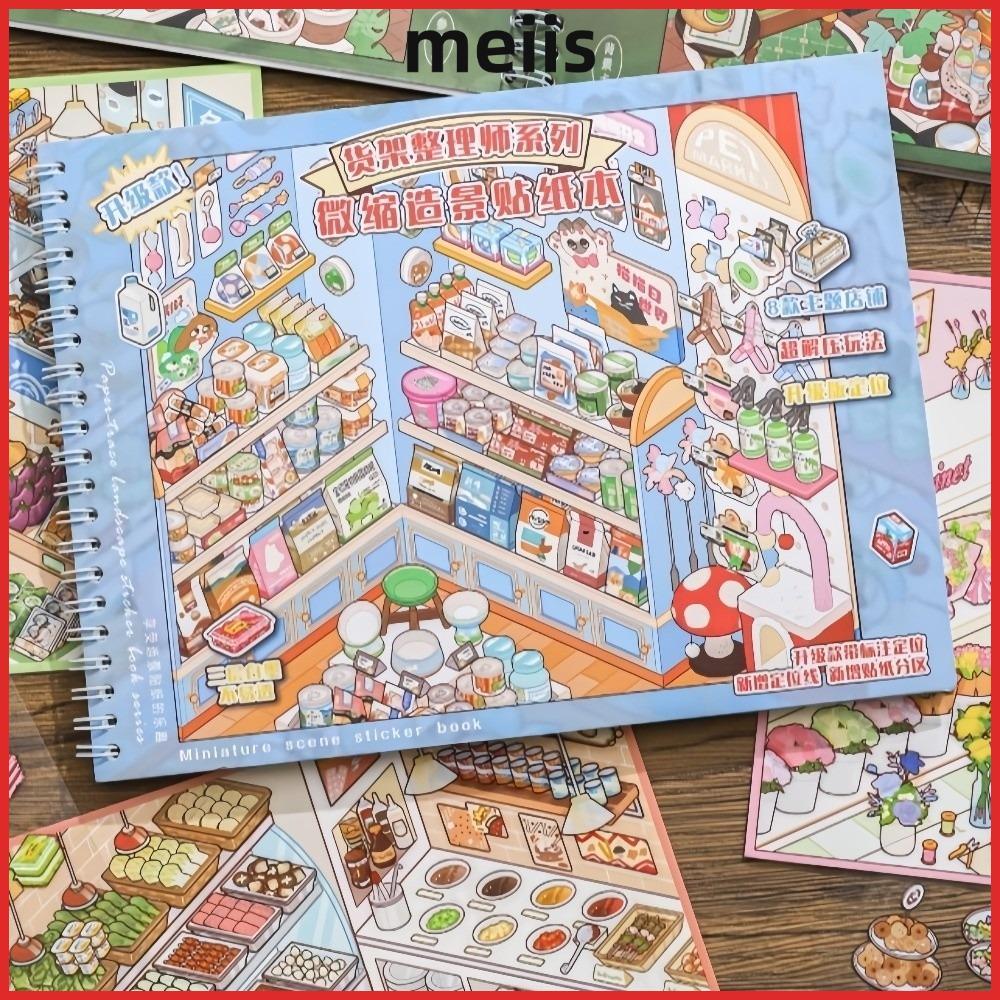 เหม่ยอิส สติ๊กเกอร์ทิวทัศน์ ขนาดใหญ่ 8 ฉาก 25 แผ่นสติกเกอร์ฉากจิ๋วฉากร้านสัตว์เลี้ยงดอกไม้ผลไม้ร้านของเล่นสติกเกอร์ซ้อนเด็กของเล่น