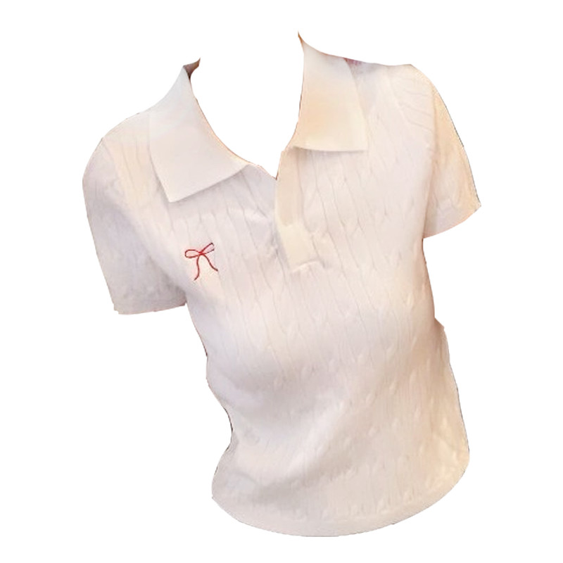 TCH ผู้หญิงผ้าไหมเย็นสไตล์เกาหลี POLO คอถักแขนสั้นฤดูร้อน Bow Slim-Fit ไหล่อย่างเป็นทางการ T-