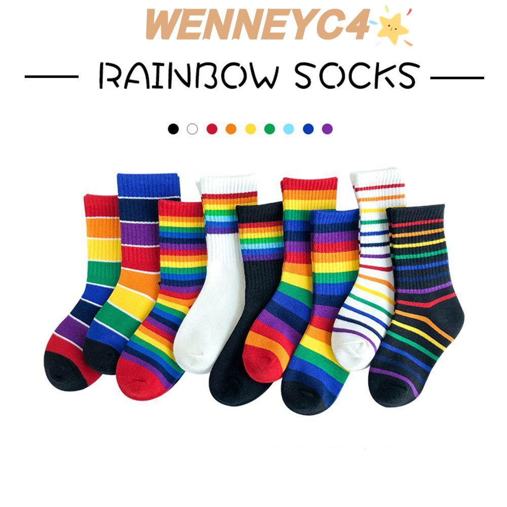 WENNYU Sweet Rainbow Crew ถุงเท้ายาวทำจากผ้าฝ้ายนุ่มสบาย