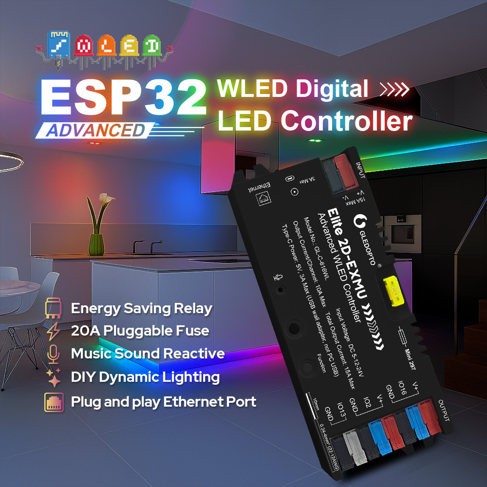 GLEDOPTO Elite ESP32 WLED Controller แบบมีสาย Ethernet เสียง Reactive Energy Save Relay 20A ฟิวส์แบบไดนามิก WS2811 WS2812 SK6812 RGBIC