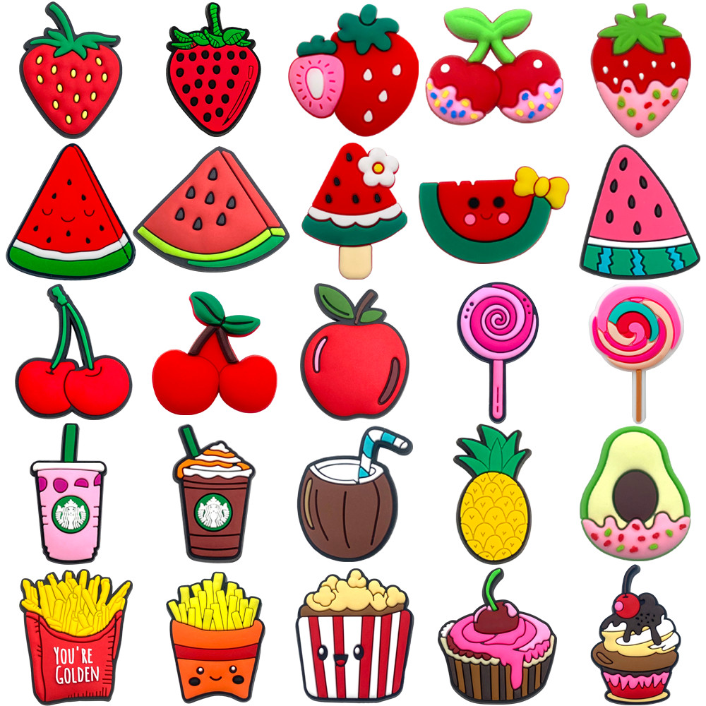 MEIDJ Shoe Charms 25 ออกแบบเป็นรูปผลไม้และลายอื่น ๆ จากวัสดุ PVC พร้อมปุ่มกด