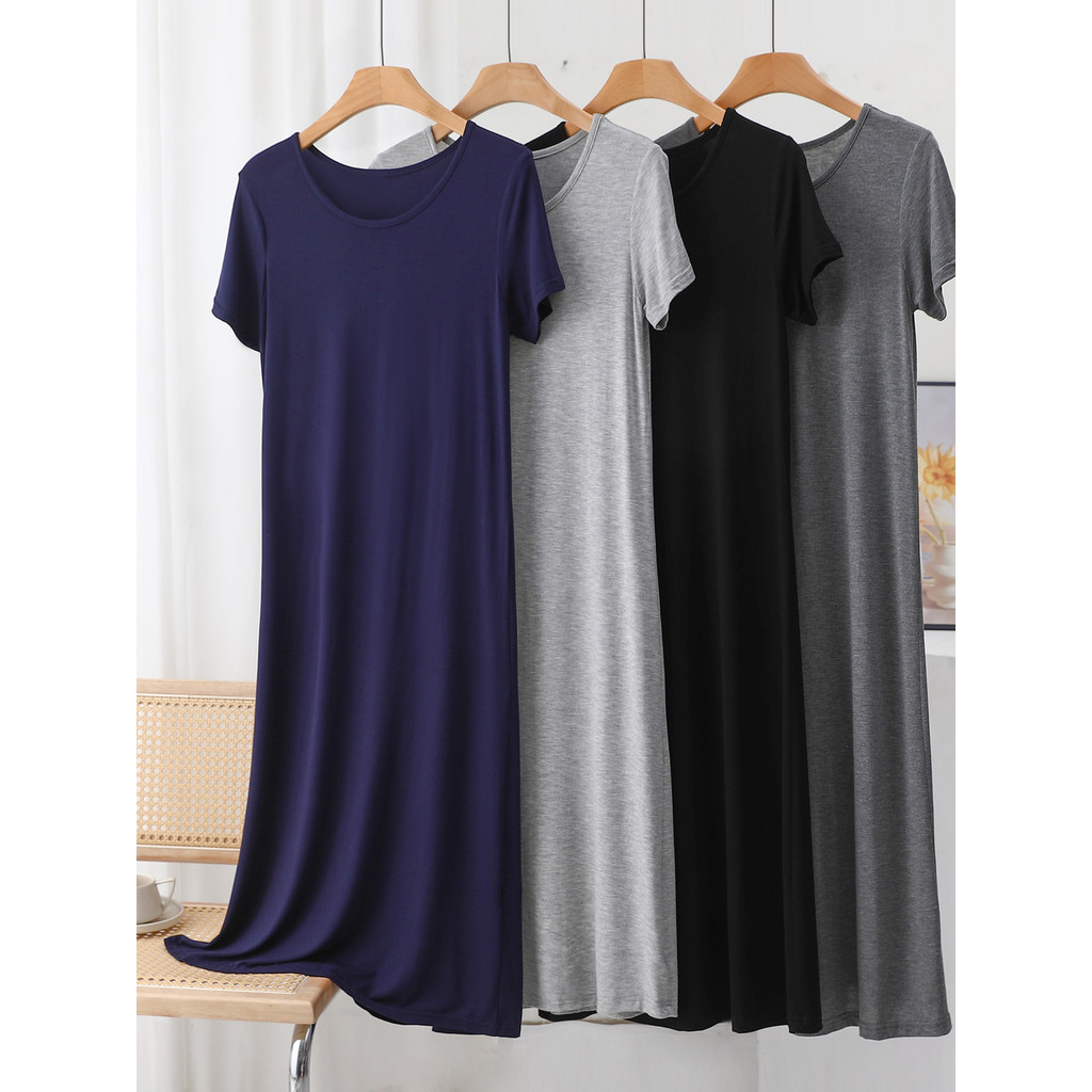 Modal รอบคอแขนสั้นชุดผู้หญิงฤดูร้อนสีทึบหลวม Slimmer ดู Bottoming กระโปรง All-Match กระโปรงยาวปานกลา